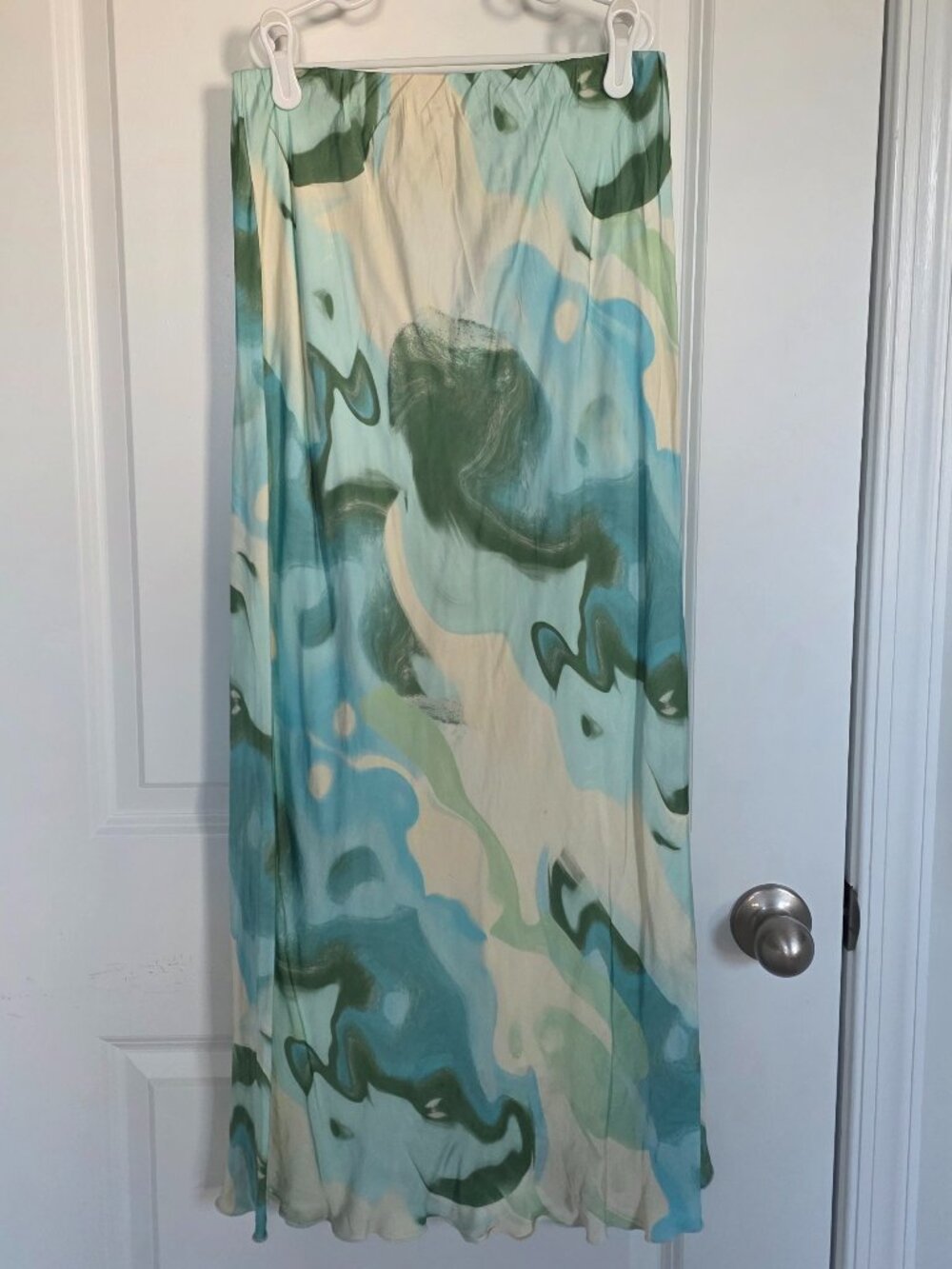 French Blue & Green Watercolor Midi Skirt - Size Medium